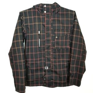 Ride Pioneer Men Snowboard Jacket Sz S Black Brown Windowpane ‎ Hooded Zip Up
